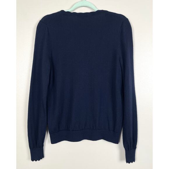 Boden Merino Wool Scallop Trim Cardigan Navy Blue Size 10 Button Front V-Neck - Picture 11 of 13